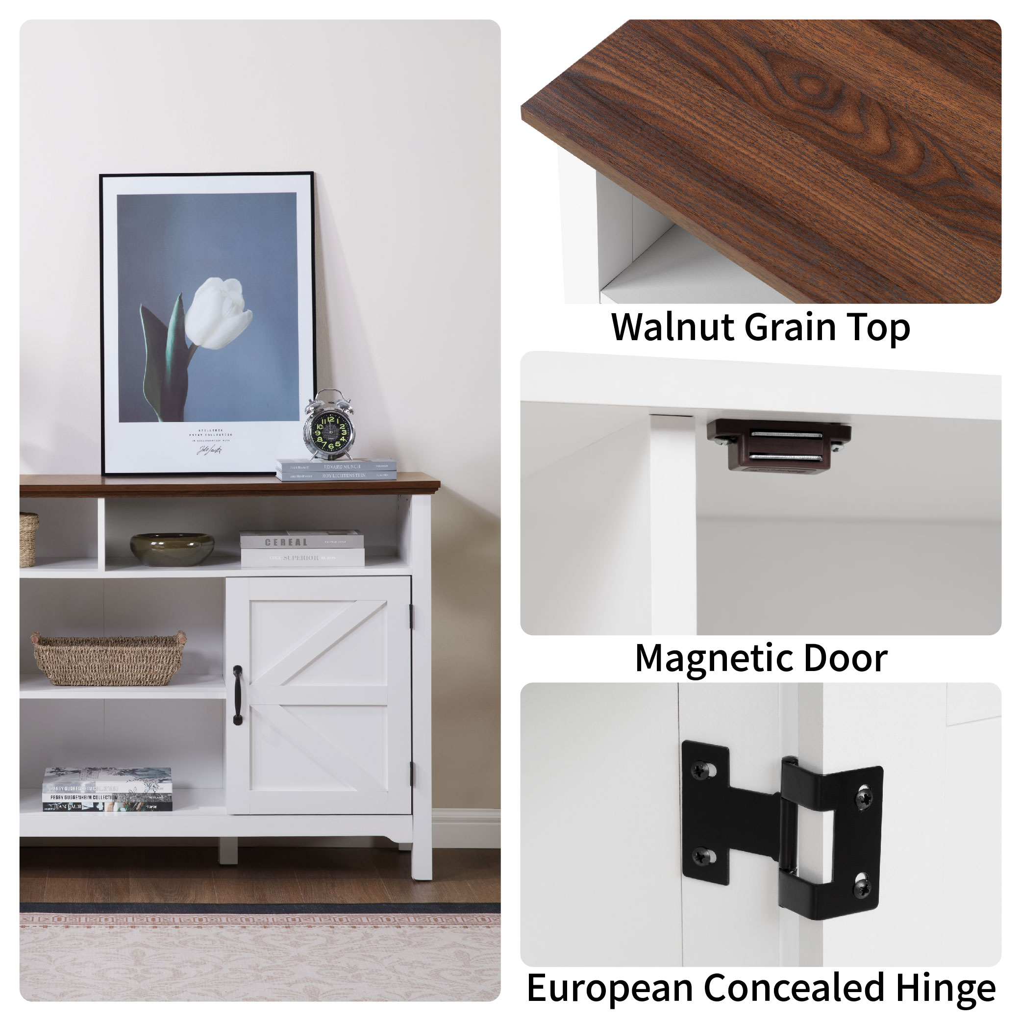 Farmhouse Sideboard Buffet Cabinet With Hinged Barn Doors, 58" Large Kitchen Storage Cabinet With Adjustable Shelves, Antique White Wood Coffee Bar Table For Dining Room, Living Room, Enterway_voghion.com